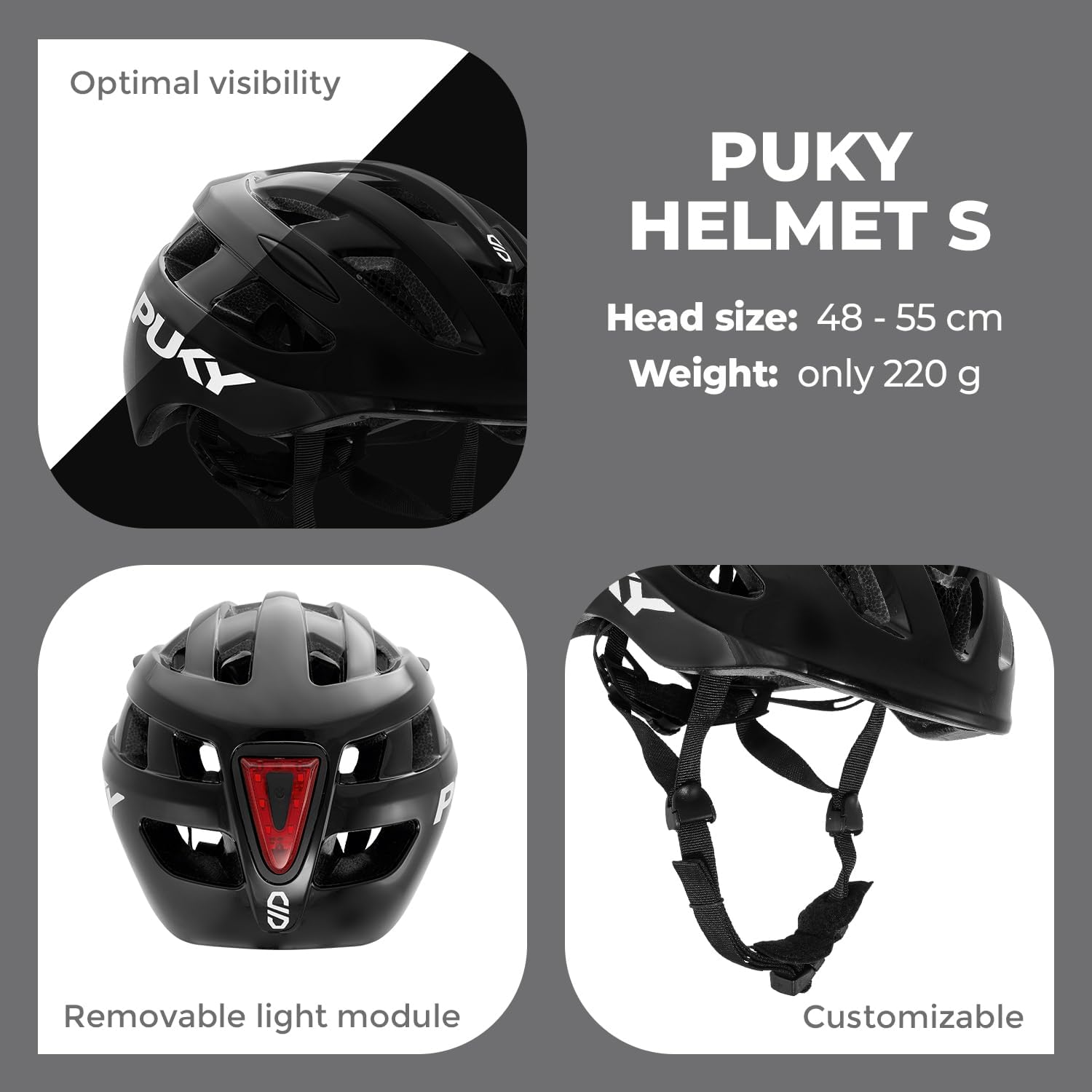 Puky Helm, kinderfietshelm 48-55 cm, lichtgewicht 220 g, maximale bescherming en ventilatie, 360° zichtbaarheid door lichtmodule, ideaal voor veiligheid en comfort op de fiets