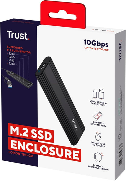 Trust M.2 NVMe SSD Enclosure, USB-C 10Gbps External Hard Drive Enclosure up to 4TB, Supports Size 2230 2242 2260 2280 M.2 SSDs FAT32/NTFS/EXT4/exFAT/APFS, Portable SSD Tool-Free Adapter Case