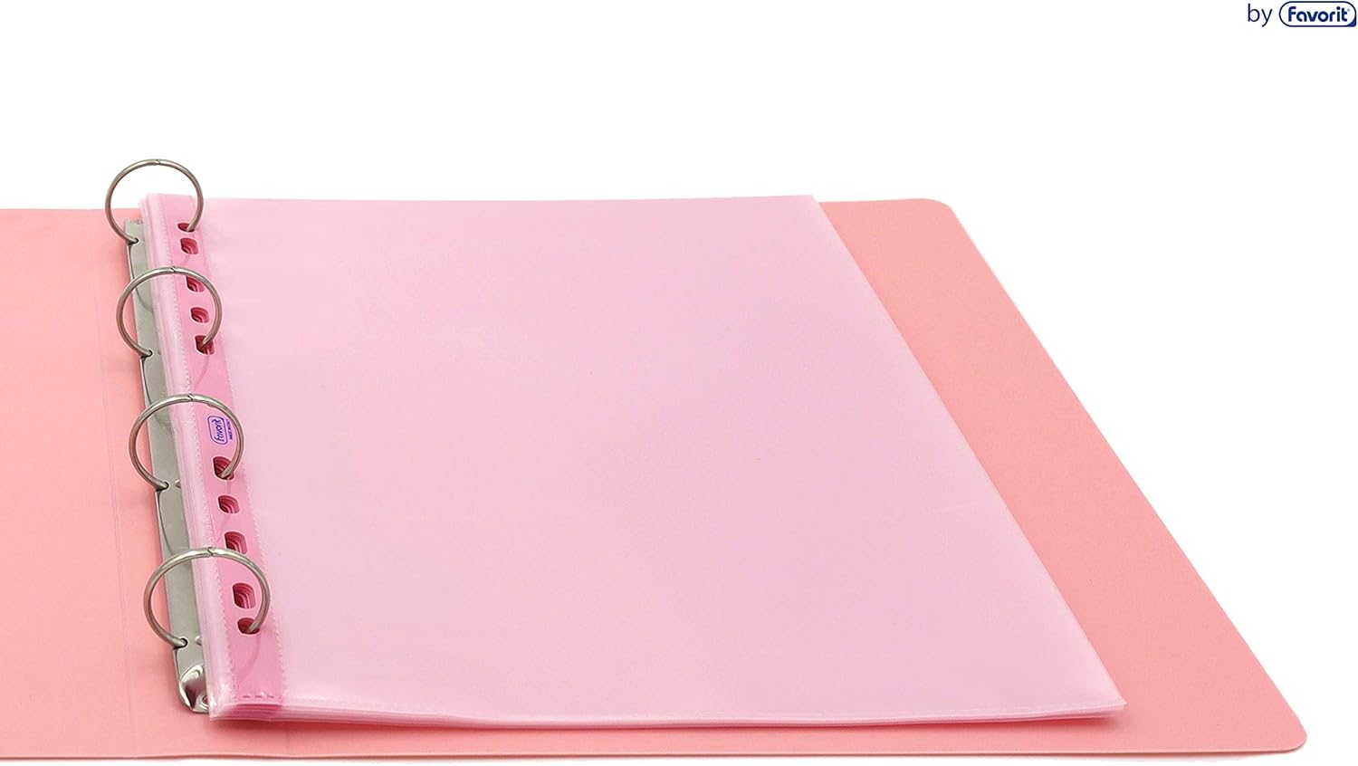 Favorit Buste Perforate, Lucide, Alto Spessore, 22 x 30 cm, 25 Pezzi, Trasparenti color Rosa pastello con Banda Colorata in Tinta