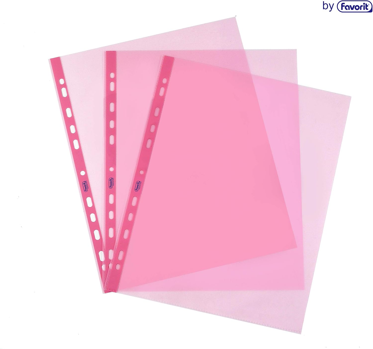 Favorit Buste Perforate, Lucide, Alto Spessore, 22 x 30 cm, 25 Pezzi, Trasparenti color Rosa pastello con Banda Colorata in Tinta