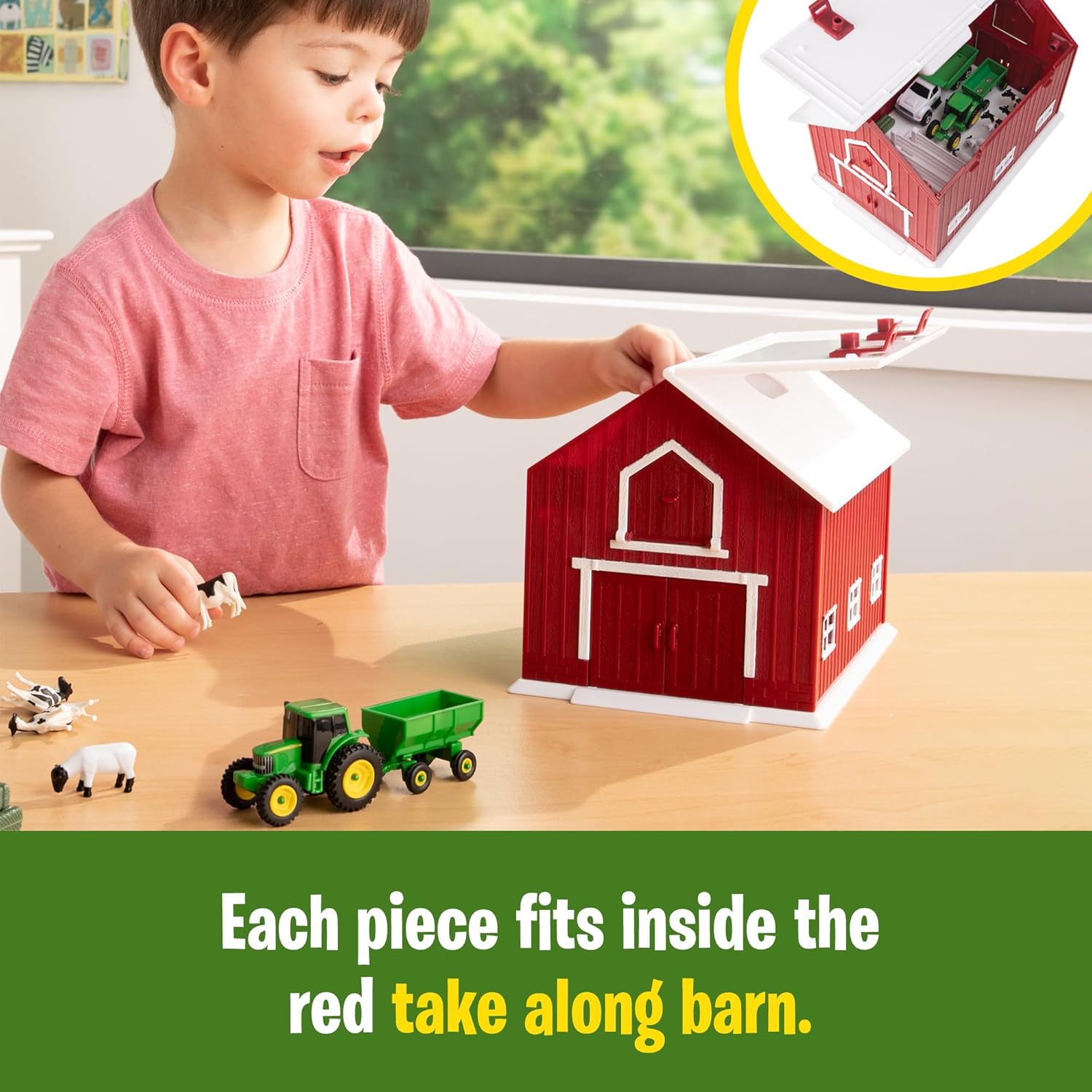 John Deere - Juguete británico de 24 Piezas con Animales de Granja, vehículos y Granero Rojo (Escala 1:64), Granero con asa integrada para Almacenamiento, Juguete Infantil de 3 años y +.