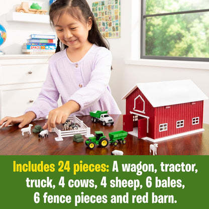 John Deere - Juguete británico de 24 Piezas con Animales de Granja, vehículos y Granero Rojo (Escala 1:64), Granero con asa integrada para Almacenamiento, Juguete Infantil de 3 años y +.
