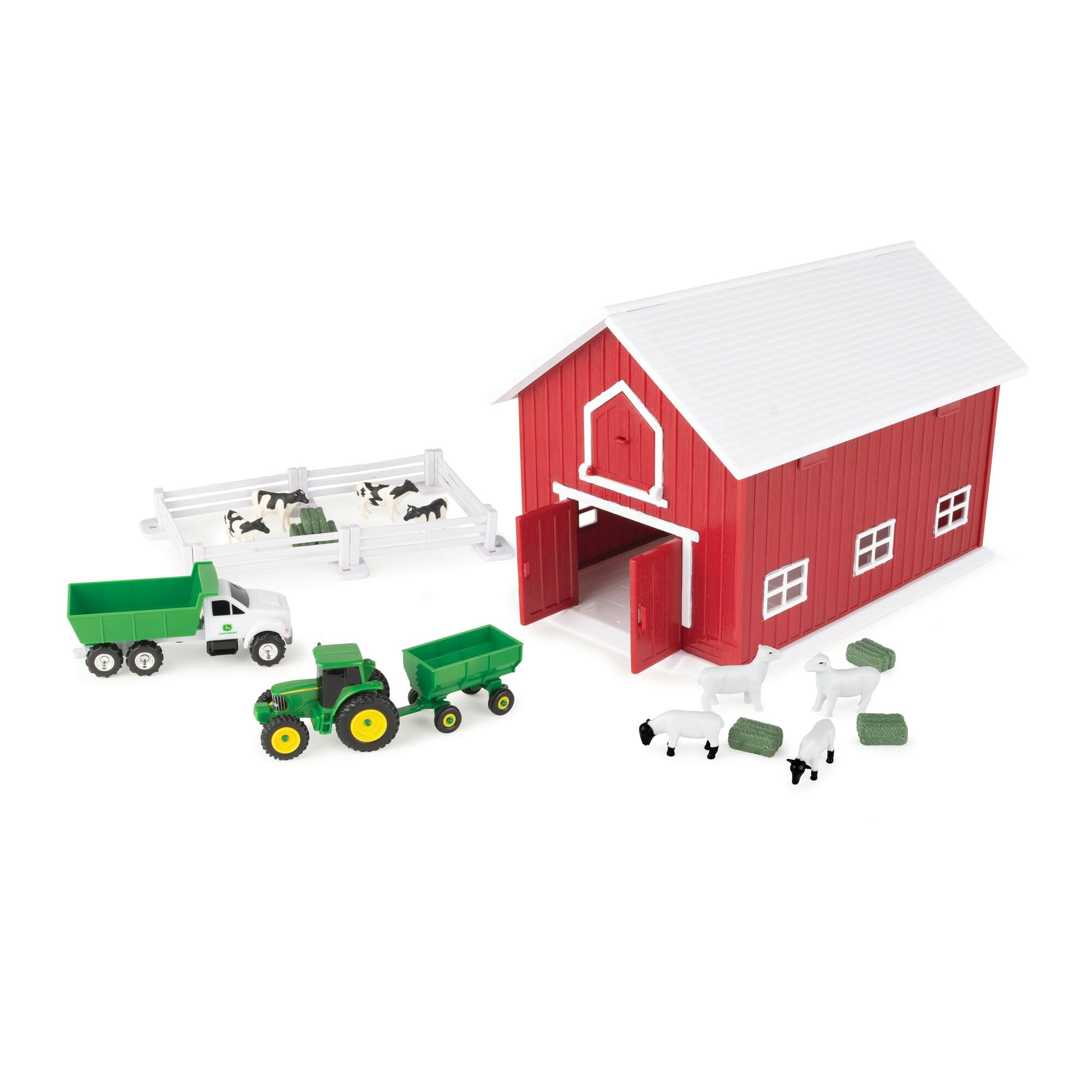 John Deere - Juguete británico de 24 Piezas con Animales de Granja, vehículos y Granero Rojo (Escala 1:64), Granero con asa integrada para Almacenamiento, Juguete Infantil de 3 años y +.