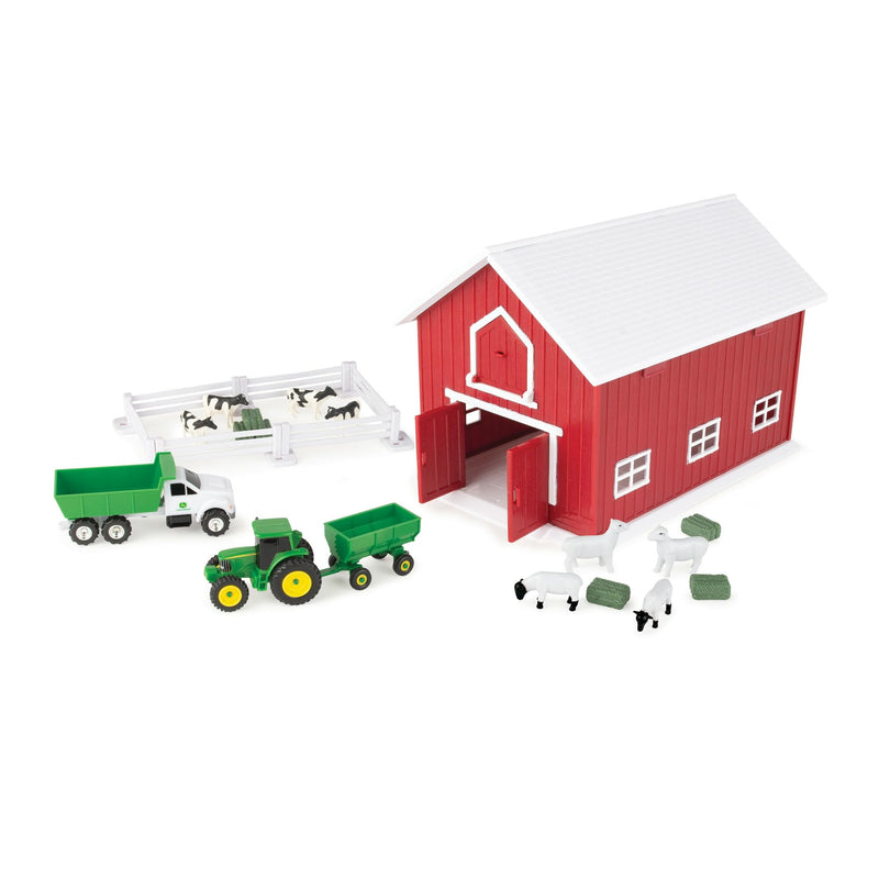 John Deere - Juguete británico de 24 Piezas con Animales de Granja, vehículos y Granero Rojo (Escala 1:64), Granero con asa integrada para Almacenamiento, Juguete Infantil de 3 años y +.