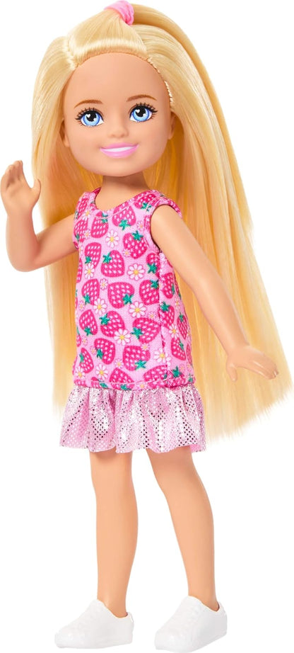 Barbie Club Chelsea Small Doll, 6-Inch with Blonde Hair Wearing Removable Strawberry-Print Dress & Shoes