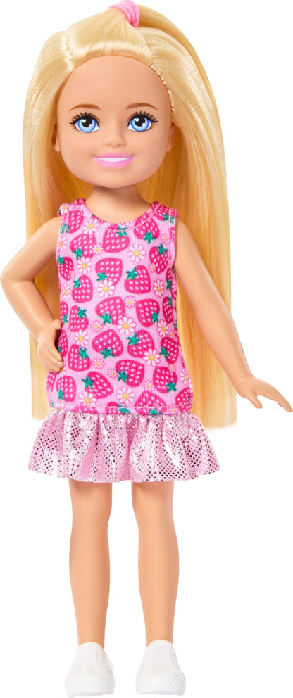 Barbie Club Chelsea Small Doll, 6-Inch with Blonde Hair Wearing Removable Strawberry-Print Dress & Shoes