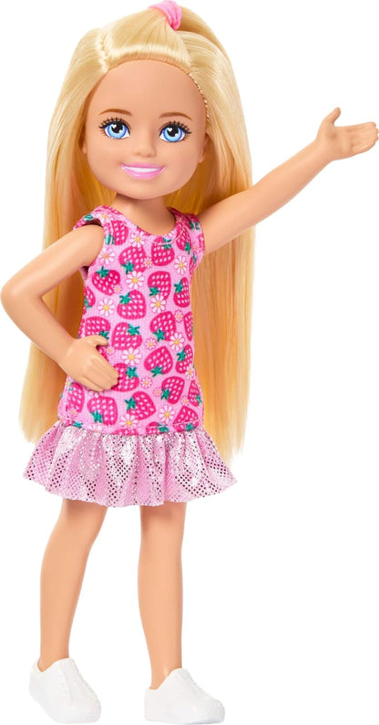 Barbie Club Chelsea Small Doll, 6-Inch with Blonde Hair Wearing Removable Strawberry-Print Dress & Shoes