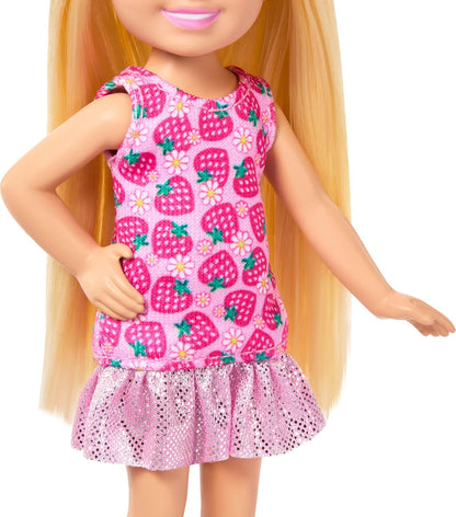 Barbie Club Chelsea Small Doll, 6-Inch with Blonde Hair Wearing Removable Strawberry-Print Dress & Shoes