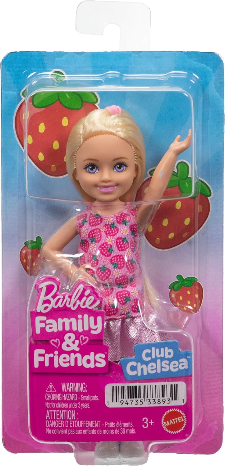 Barbie Club Chelsea Small Doll, 6-Inch with Blonde Hair Wearing Removable Strawberry-Print Dress & Shoes