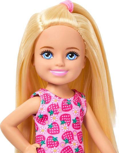 Barbie Club Chelsea Small Doll, 6-Inch with Blonde Hair Wearing Removable Strawberry-Print Dress & Shoes