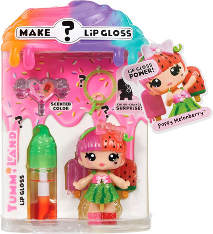 Yummiland Lip Gloss Doll: Mystery Color Change - Poppy Melonberry - Includes 1 Doll, DIY Lip Gloss + Removable Keychain, Cosmetic Play, Collectible, Suitable for Children Ages 4+
