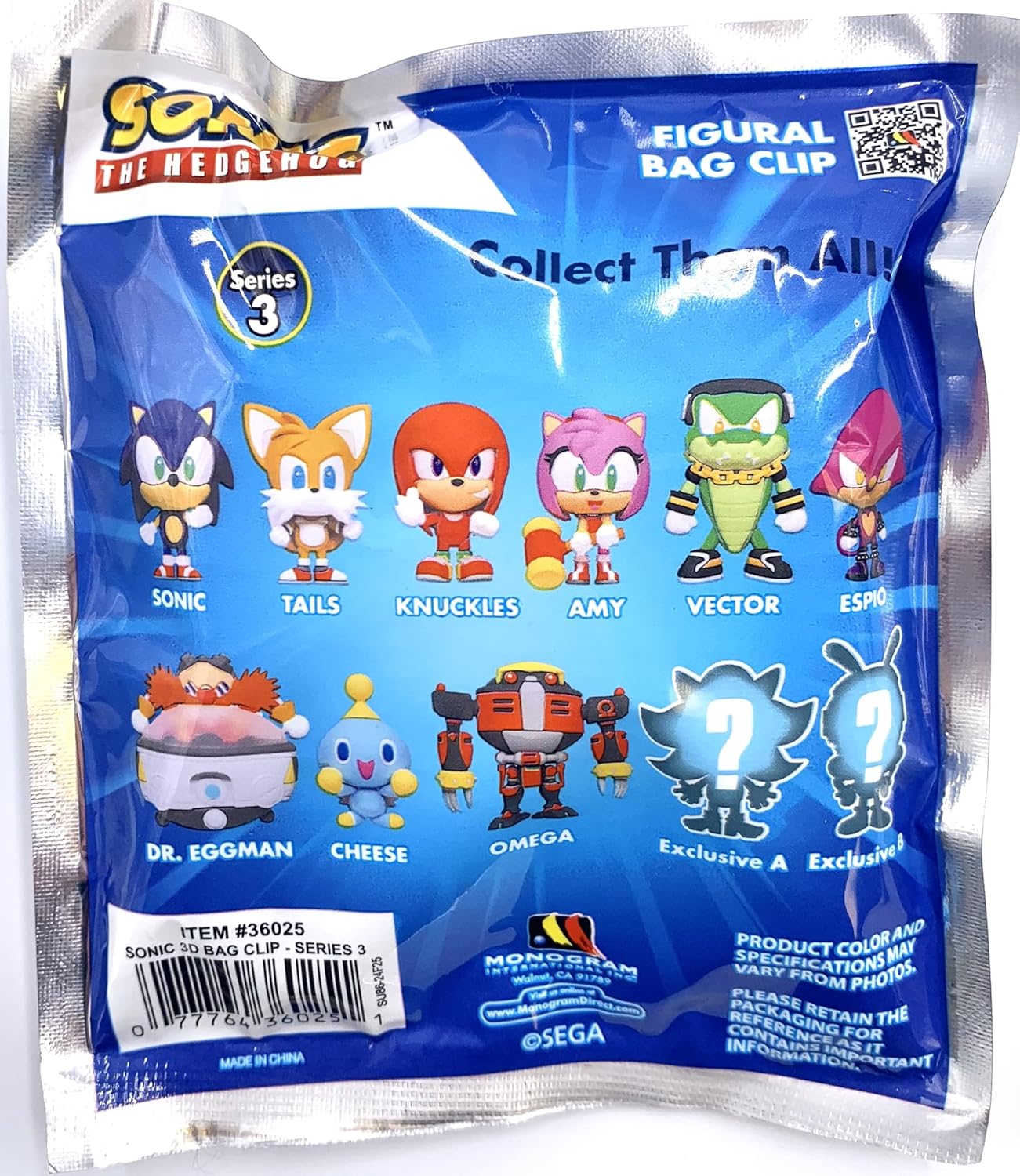 Monogram Sonic the Hedgehog Series 3-3D Foam Figural Bag Clip in ONE Blind Bag - Keychain - Sonic Tails, Knuckles, Amy and More... ONE RANDOM CHARACTER PER ORDER, Multicolor, 2.0"