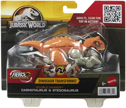Mattel Jurassic World Fierce Changers 2-in-1 Dinosaur Action Figure, Double Danger Toy Transforms from Carnotaurus to Stegosaurus in 11 Steps