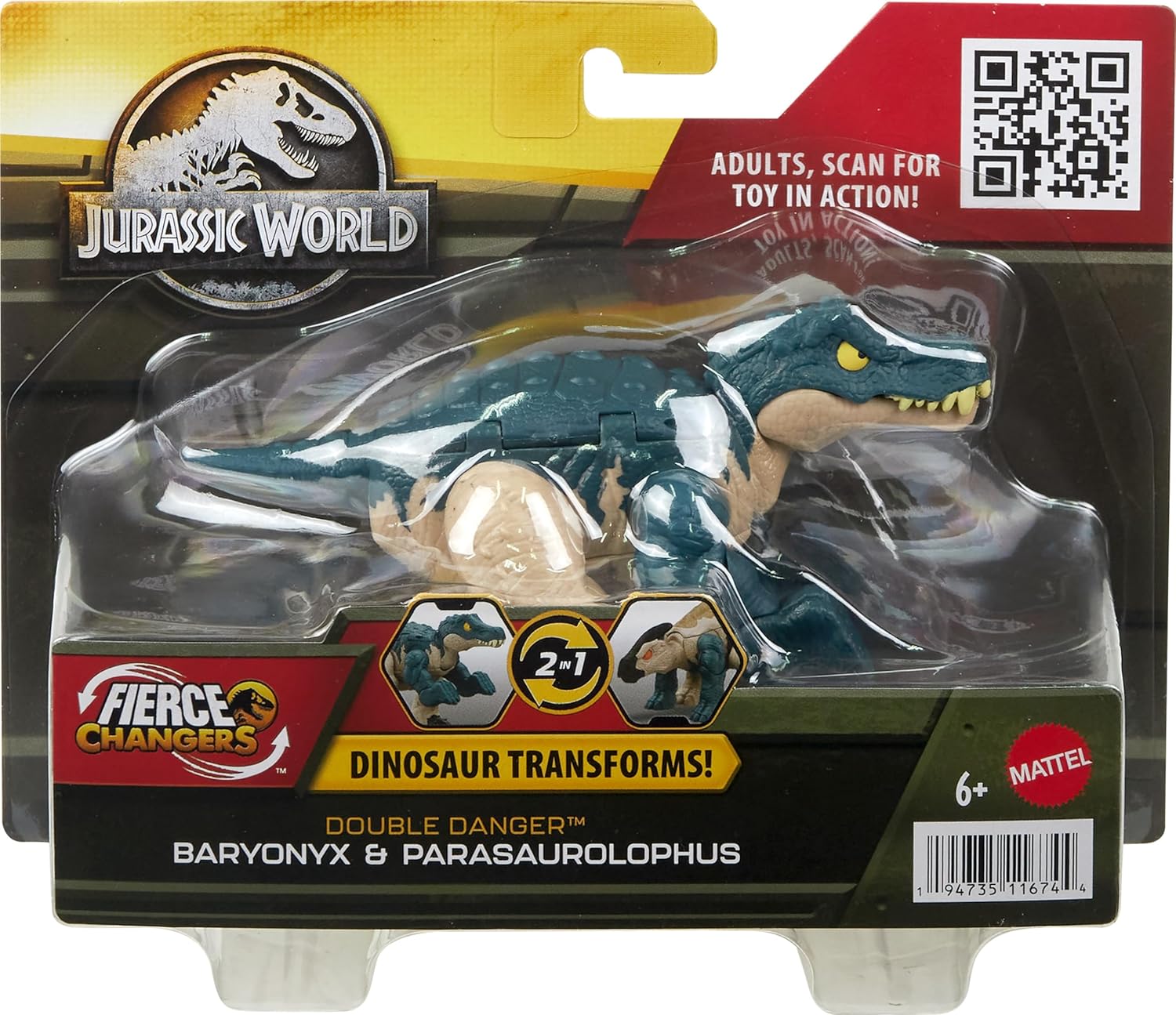 Jurassic World Dinosaur Transforming Toy, 11 Step Baryonyx to Parasaurolophus Double Danger 2 in 1 Toy, Fierce Changers, HLP09