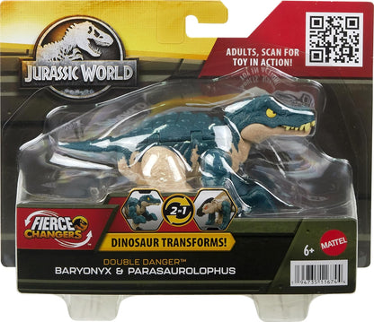Jurassic World Dinosaur Transforming Toy, 11 Step Baryonyx to Parasaurolophus Double Danger 2 in 1 Toy, Fierce Changers, HLP09