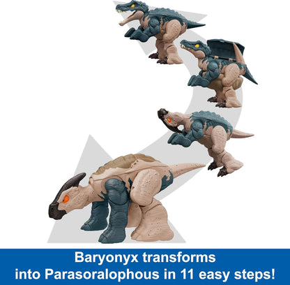 Jurassic World Dinosaur Transforming Toy, 11 Step Baryonyx to Parasaurolophus Double Danger 2 in 1 Toy, Fierce Changers, HLP09