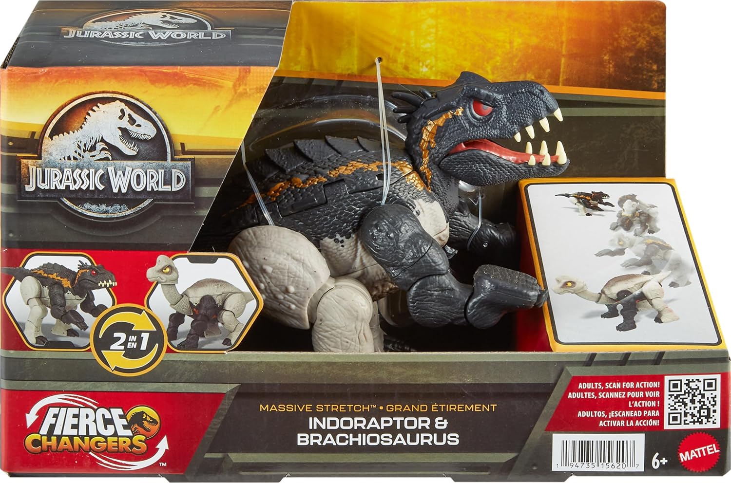 Mattel Jurassic World Fierce Changers 2-in-1 Dinosaur Action Figure, Massive Stretch Toy Tranforms from Brachiosaurus to Indoraptor in 16 Steps