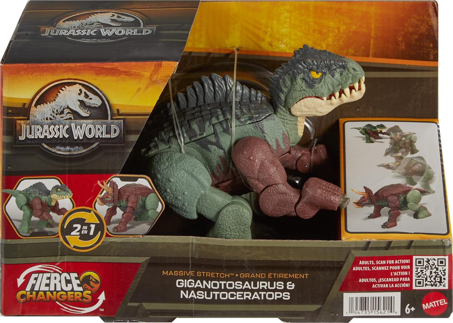 Jurassic World Transforming Dinosaur Toy, Giganotosaurus to Nasutoceratops, Massive Stretch Fierce Changers 16-Step 2 in 1 Figure