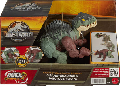 Jurassic World Transforming Dinosaur Toy, Giganotosaurus to Nasutoceratops, Massive Stretch Fierce Changers 16-Step 2 in 1 Figure