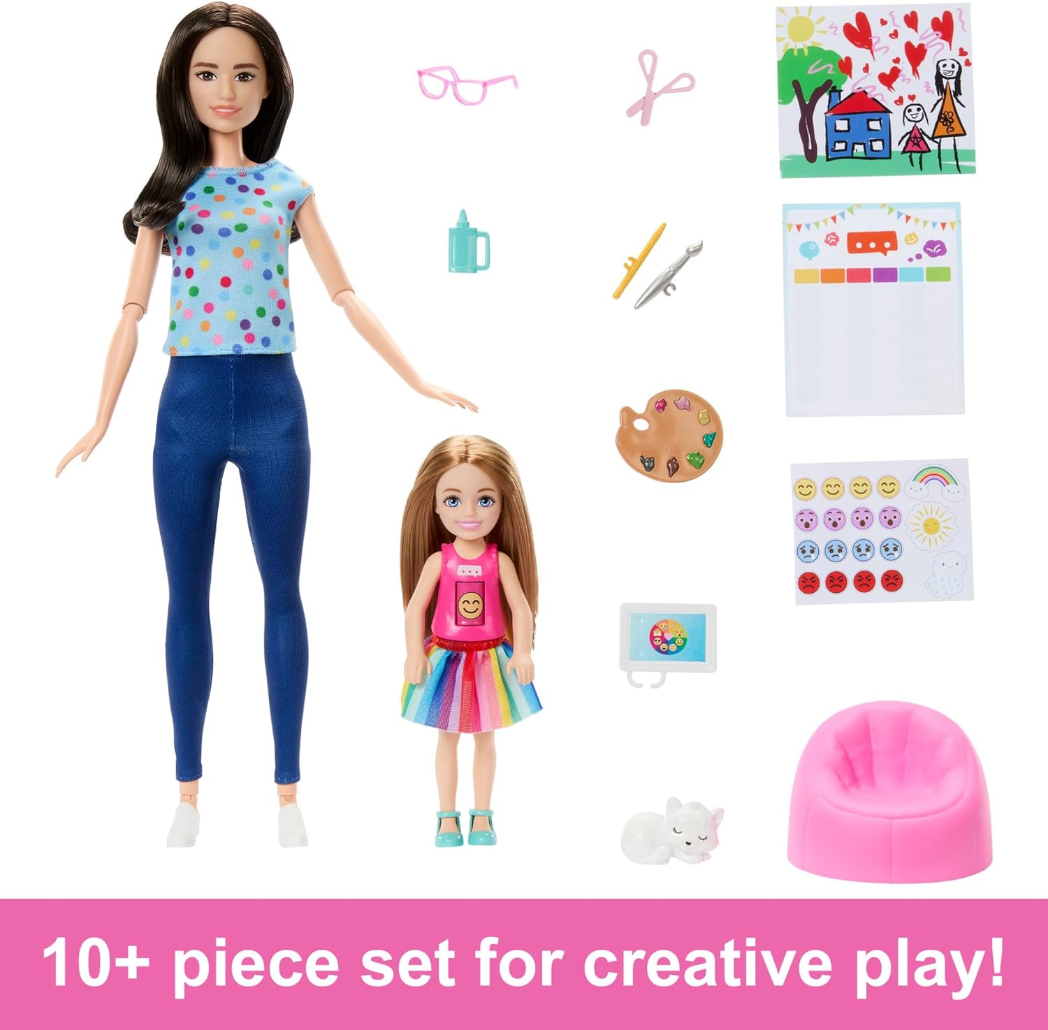 Barbie Art Therapy Playset with Therapist Doll, Small Doll with Rotating Emoji Shirt & Accessories Including Pet, 65th Anniversary Collectible, HRG48