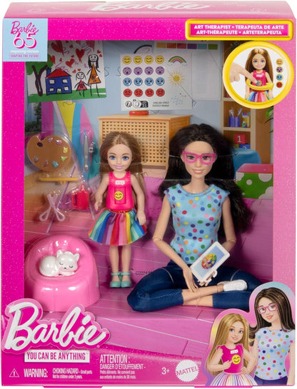 Barbie Art Therapy Playset with Therapist Doll, Small Doll with Rotating Emoji Shirt & Accessories Including Pet, 65th Anniversary Collectible, HRG48