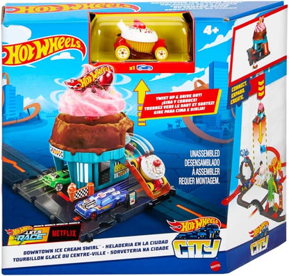 Hot Wheels Let's Race Netflix - City Track Set with 1 Hot Wheels Car, Track Play that Connects to Other Sets, Ice Cream Shop Playset, HTN77