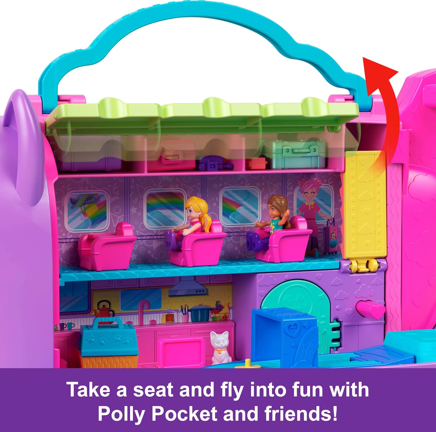 Polly Pocket Dolls and Playset, Kitty Airways Airplane, Travel Toy with 2 Micro Dolls and Pet, Spinning Stage and Accessories (Amazon Exclusive