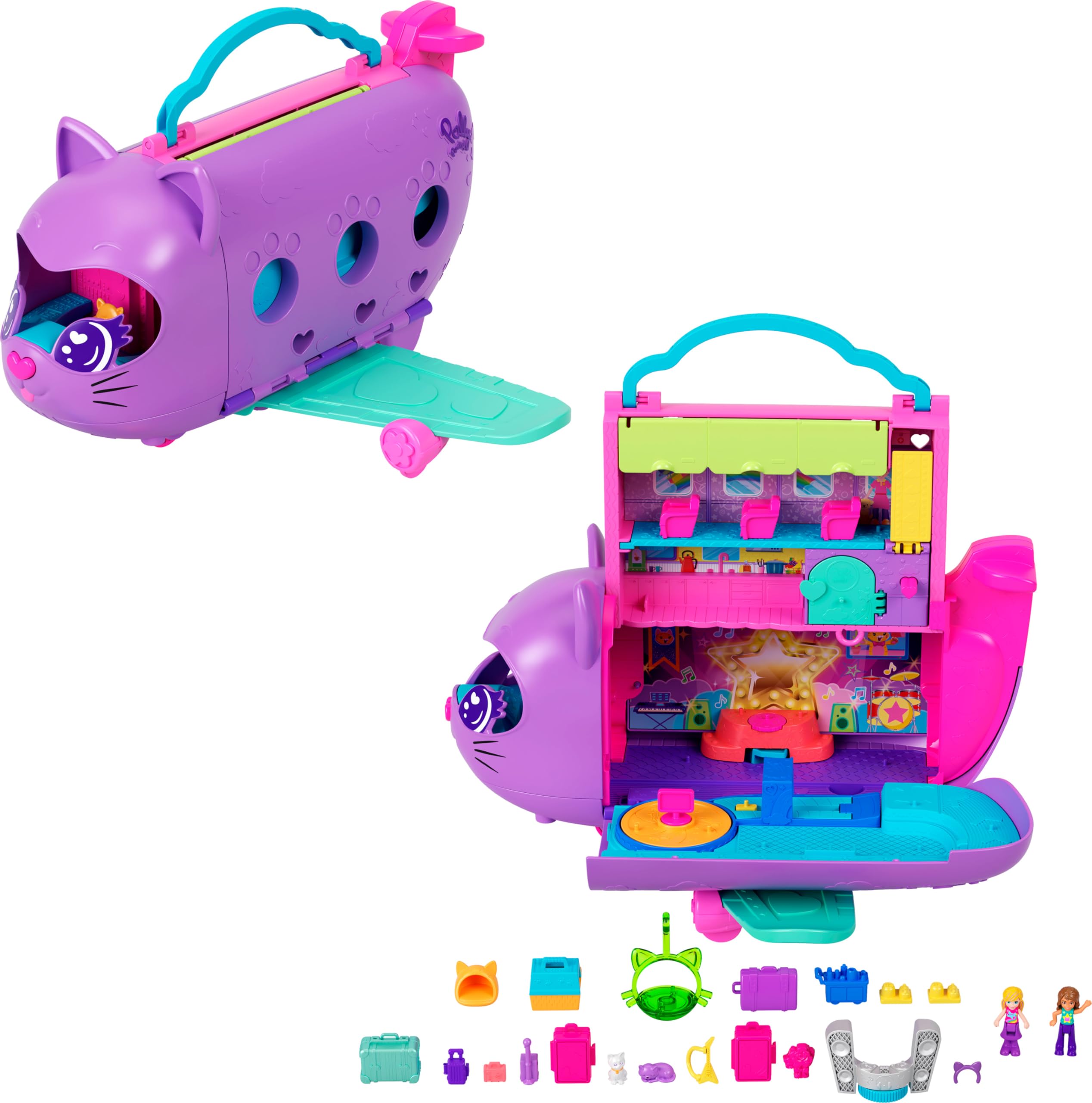Polly Pocket Dolls and Playset, Kitty Airways Airplane, Travel Toy with 2 Micro Dolls and Pet, Spinning Stage and Accessories (Amazon Exclusive