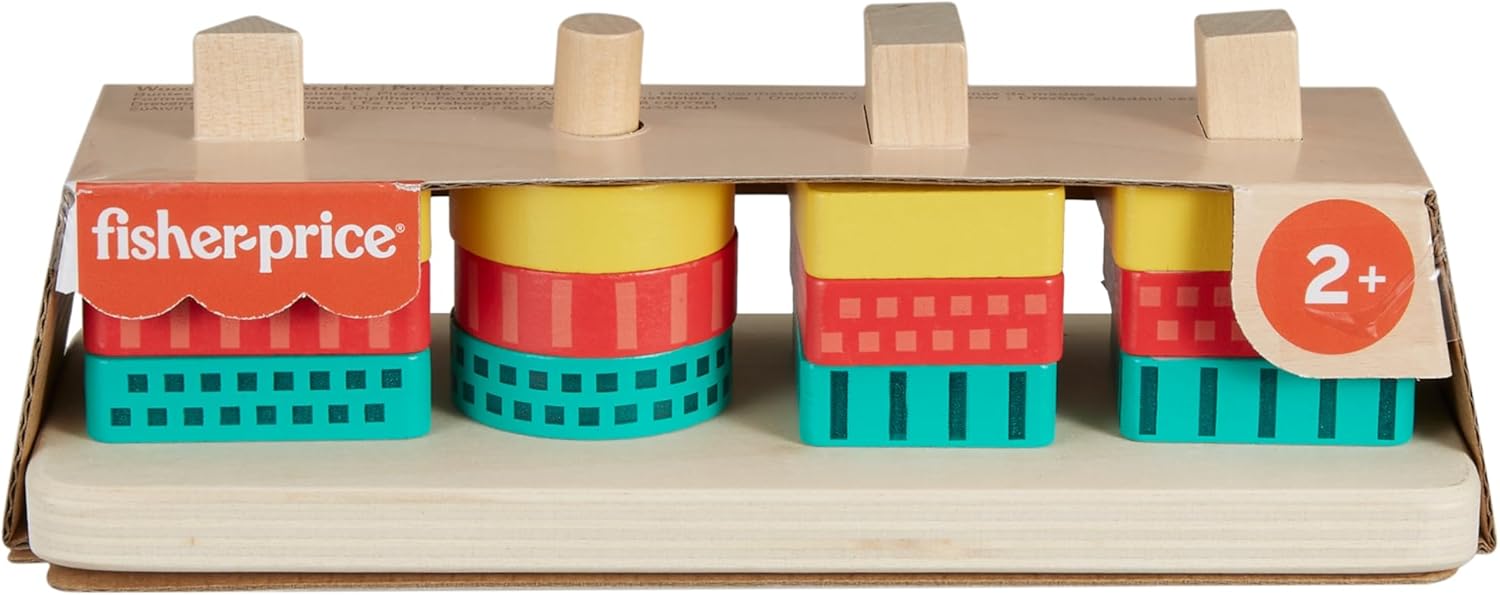 Fisher-Price Toddler Sorting Toy Wooden Shape Stacker, 13 Wood Pieces for Fine Motor Play Preschool Kids Ages 2+ Years, HXV05