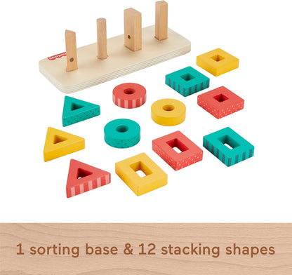 Fisher-Price Toddler Sorting Toy Wooden Shape Stacker, 13 Wood Pieces for Fine Motor Play Preschool Kids Ages 2+ Years, HXV05