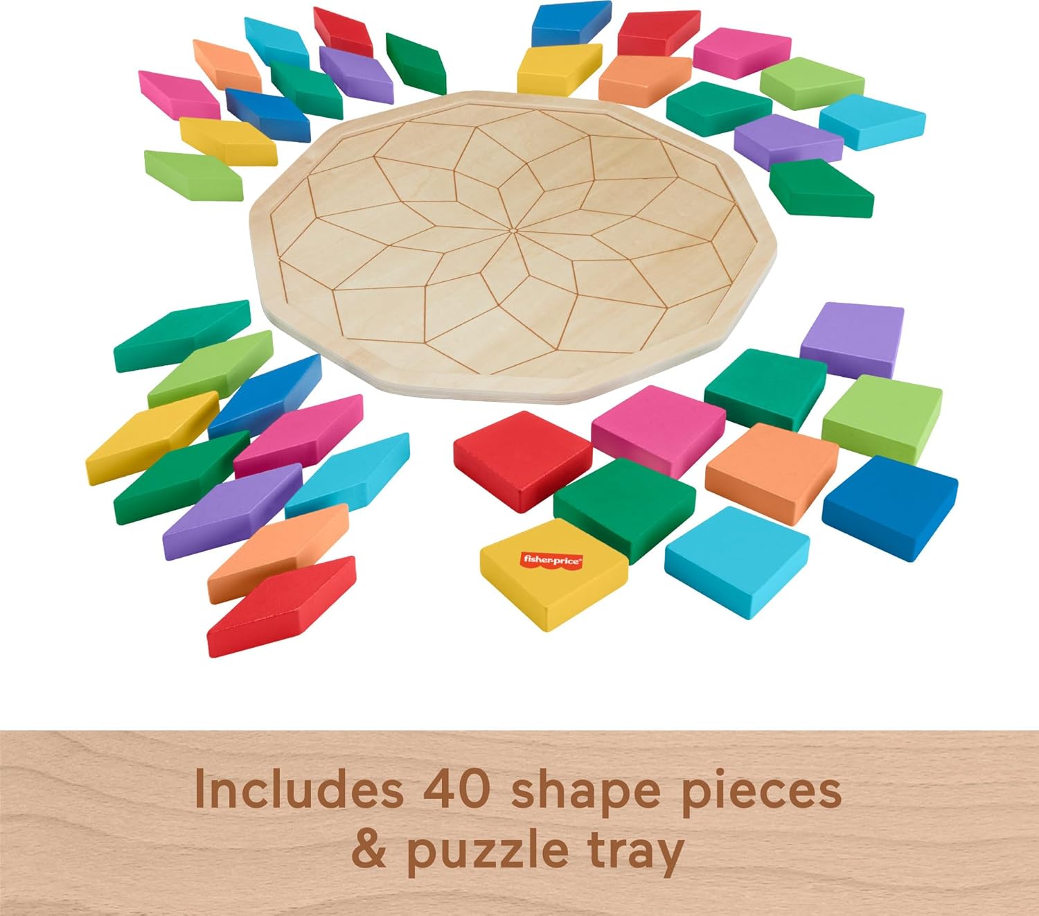 Fisher-Price Wood Preschool Toy Mandala Puzzle with Geometric Design, 41 Wooden Pieces for Kids Ages 3+ Years, HXT94