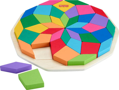 Fisher-Price Wood Preschool Toy Mandala Puzzle with Geometric Design, 41 Wooden Pieces for Kids Ages 3+ Years, HXT94