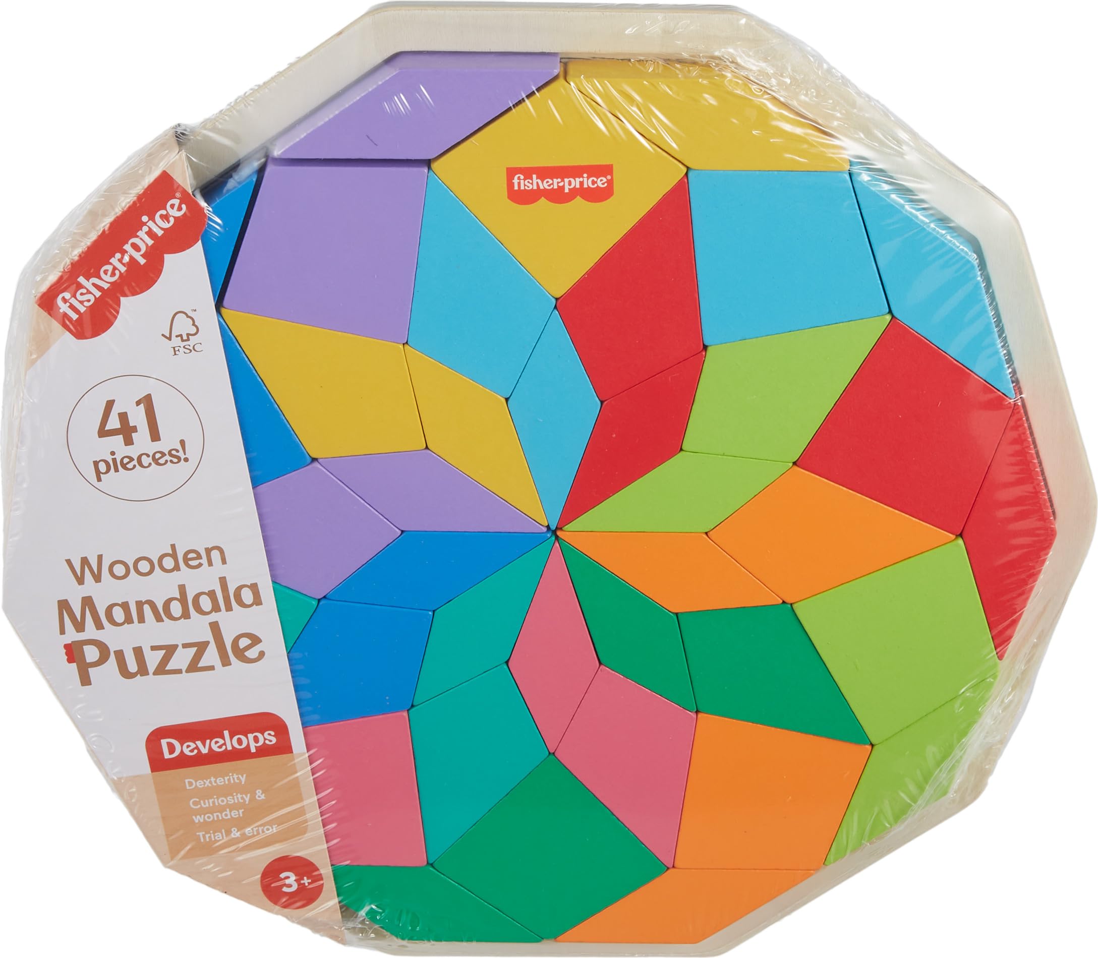 Fisher-Price Wood Preschool Toy Mandala Puzzle with Geometric Design, 41 Wooden Pieces for Kids Ages 3+ Years, HXT94