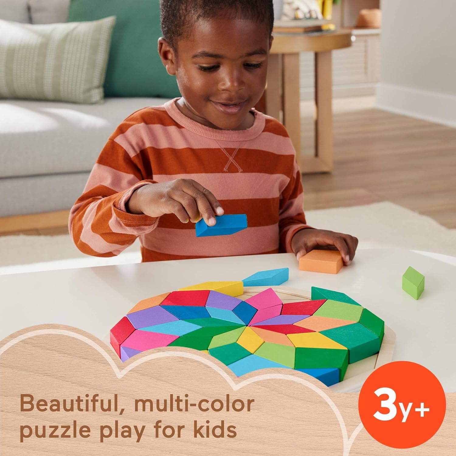 Fisher-Price Wood Preschool Toy Mandala Puzzle with Geometric Design, 41 Wooden Pieces for Kids Ages 3+ Years, HXT94