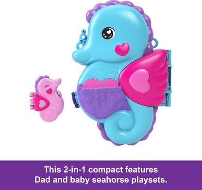 Polly Pocket Dolls & Playset with Pets & 13 Accessories, 2-in-1 Daddy & Me Seahorse Wearable Purse & Animal Toy, Starring Shani, HWP03