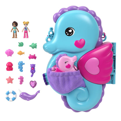 Polly Pocket Dolls & Playset with Pets & 13 Accessories, 2-in-1 Daddy & Me Seahorse Wearable Purse & Animal Toy, Starring Shani, HWP03