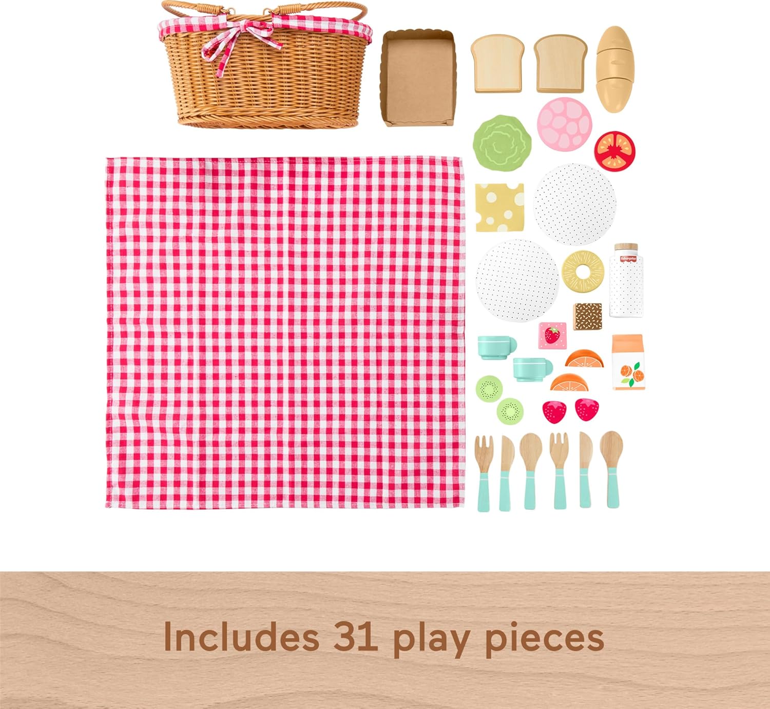Fisher-Price Wood Pretend Play Toy Picnic Basket, 31-Piece Wooden Food Playset for Preschool Kids Ages 3+ Years, HXT81