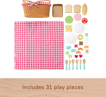 Fisher-Price Wood Pretend Play Toy Picnic Basket, 31-Piece Wooden Food Playset for Preschool Kids Ages 3+ Years, HXT81