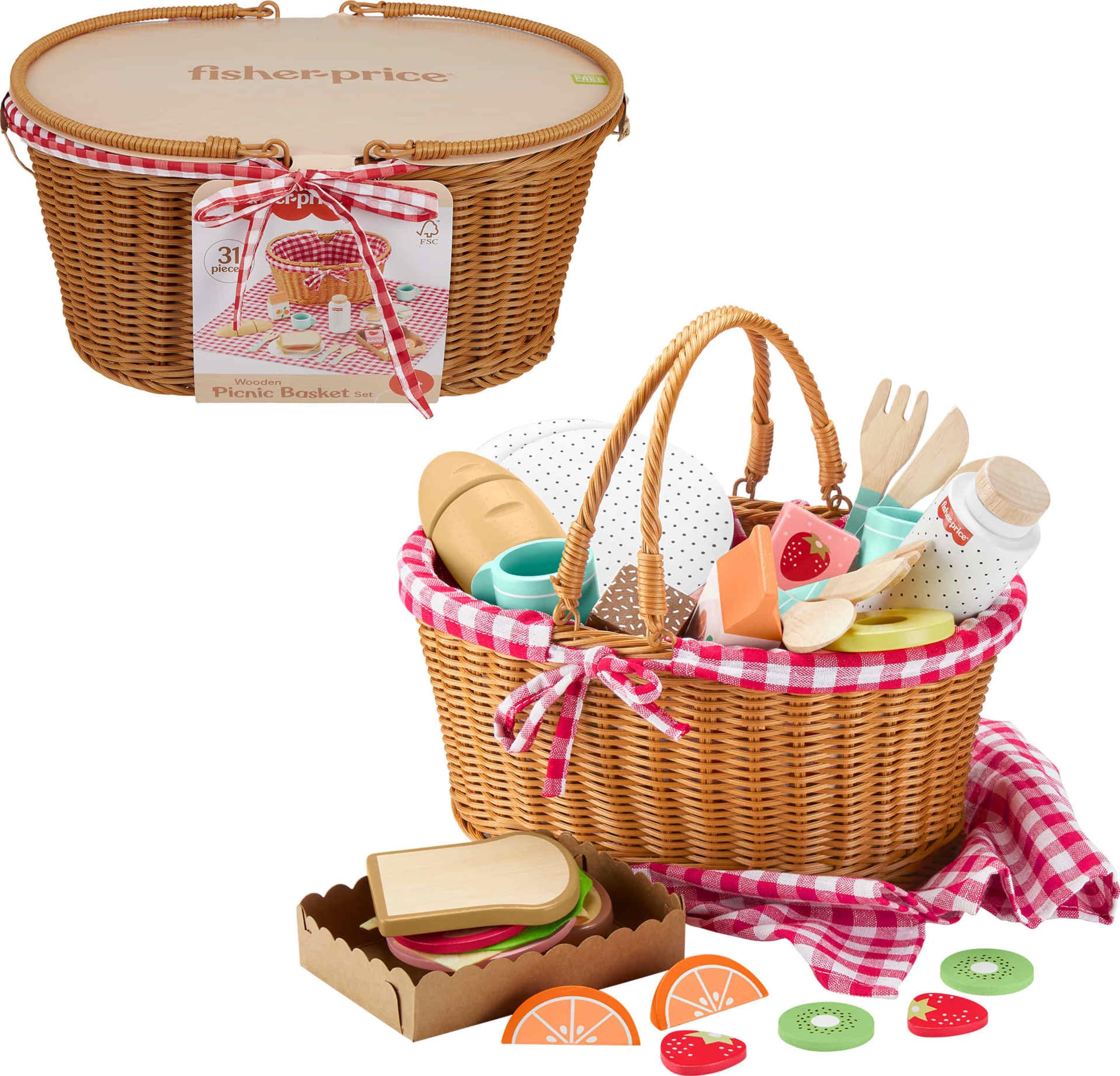 Fisher-Price Wood Pretend Play Toy Picnic Basket, 31-Piece Wooden Food Playset for Preschool Kids Ages 3+ Years, HXT81