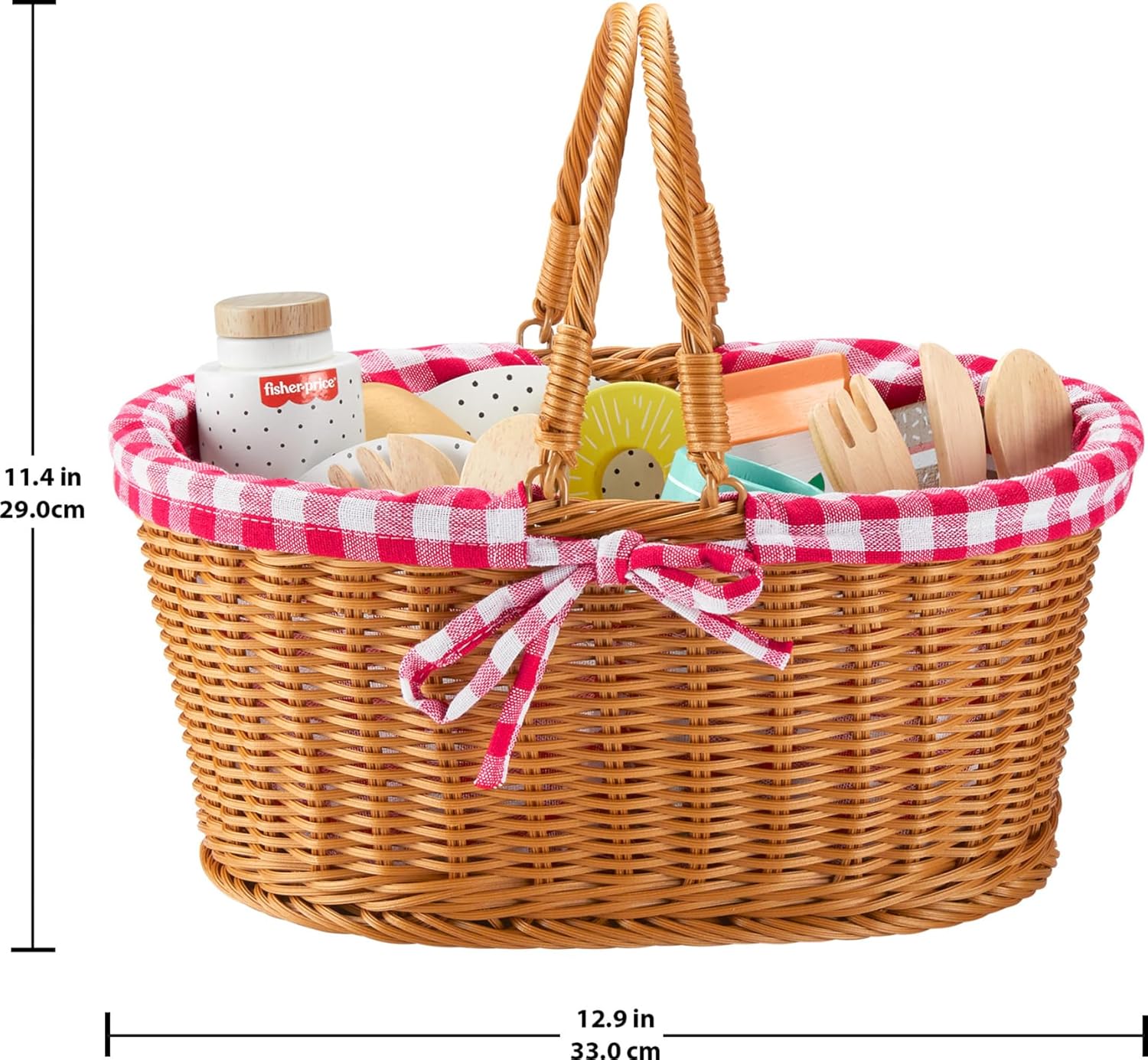Fisher-Price Wood Pretend Play Toy Picnic Basket, 31-Piece Wooden Food Playset for Preschool Kids Ages 3+ Years, HXT81