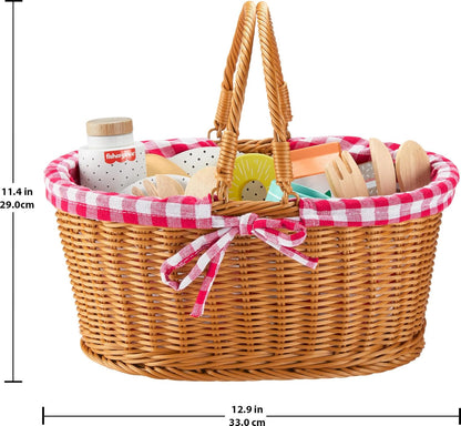 Fisher-Price Wood Pretend Play Toy Picnic Basket, 31-Piece Wooden Food Playset for Preschool Kids Ages 3+ Years, HXT81