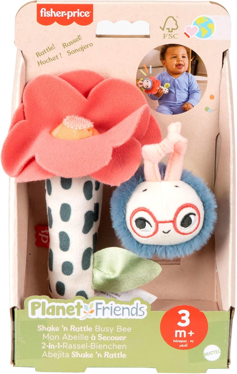 Fisher-Price Baby Toys Planet Friends Shake ‘n Rattle Busy Bee Sensory Plush 2-Piece Set for Newborns Ages 3+ Months, HYR56