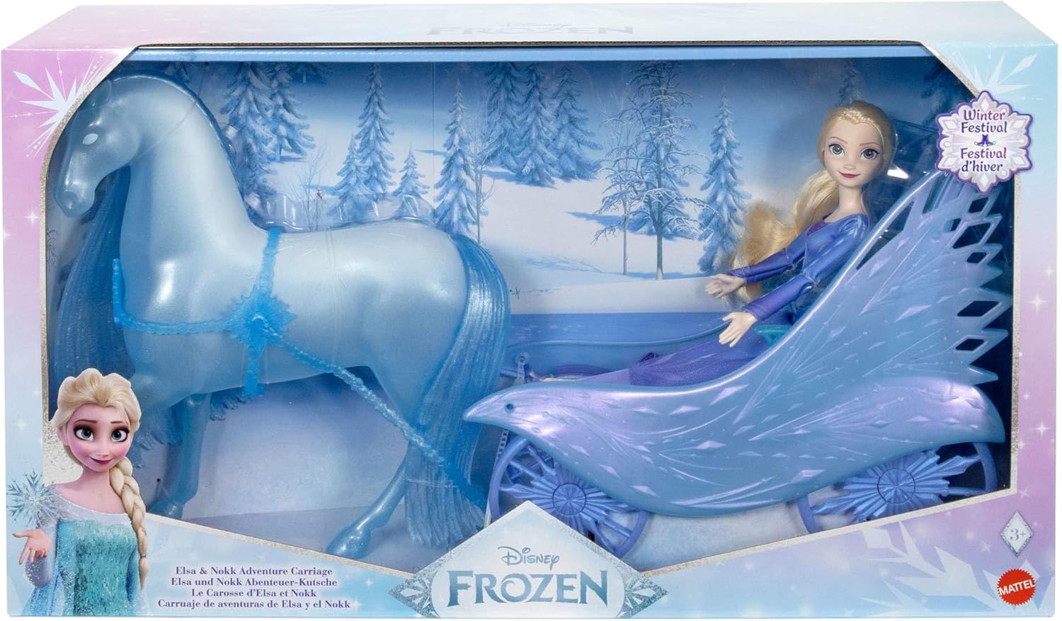 Mattel Disney Frozen Elsa Fashion Doll with Removeable Dress & Shoes, Mythical Horse-Like Nokk & Adventure Carriage, Inspired by Frozen: Winter Festival, JBG56