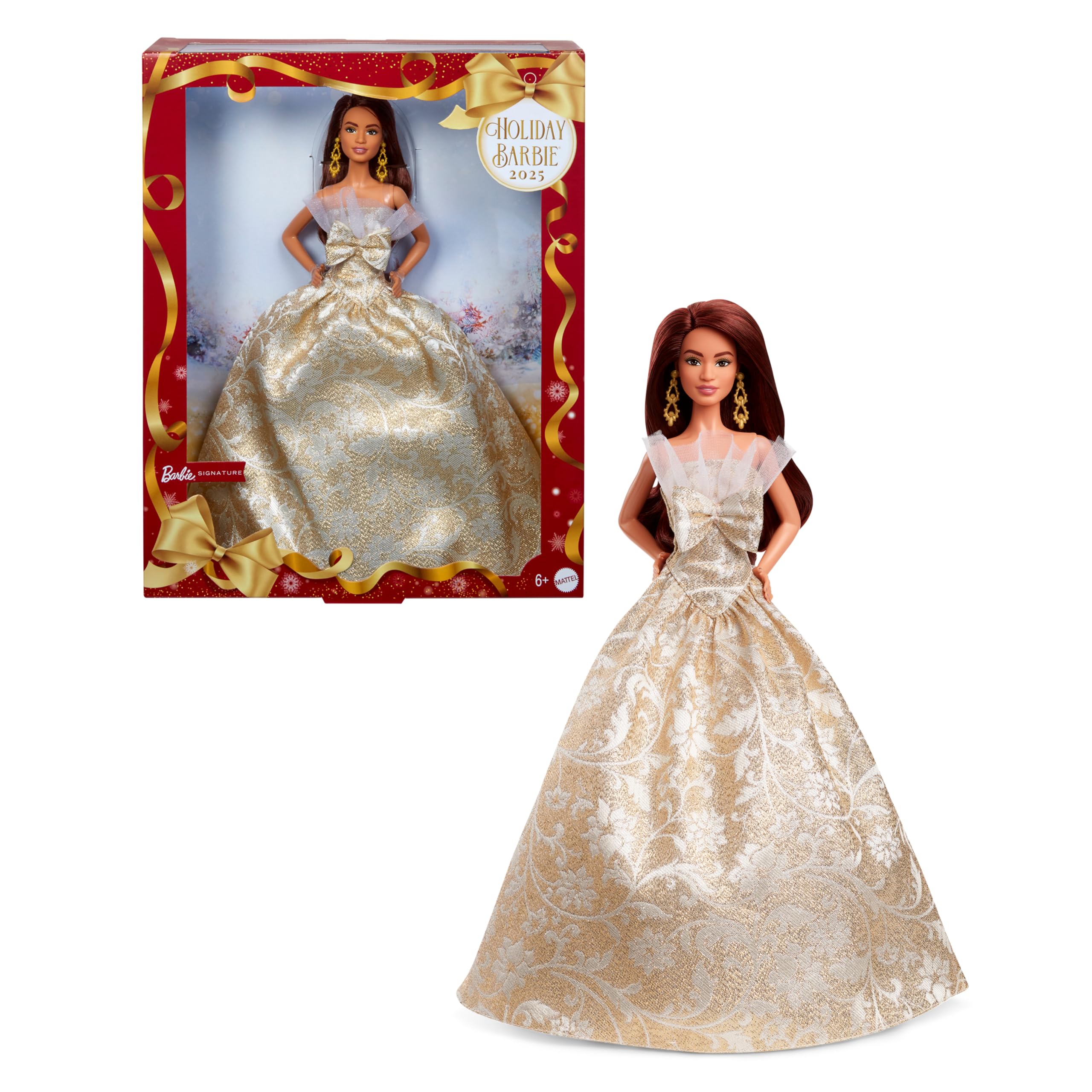 Barbie JBH97 Holiday Barbie Long Hair Signature Black Pretend Doll House Pretend Play 6 Years Old and Up Gold