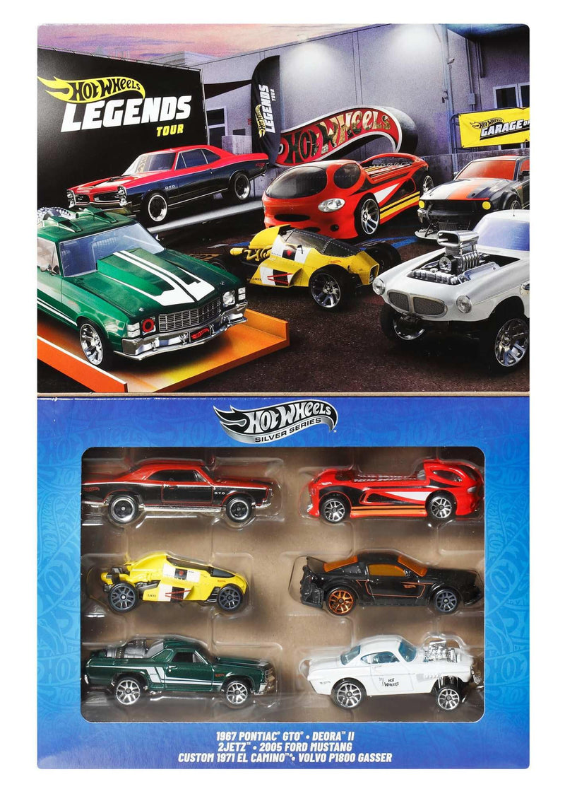 Hot Wheels 1:64 Scale Die-Cast Toy Cars & Trucks, Set of 6 HW Legends Vehicles with Elevated Deco (Styles May Vary), JBY78