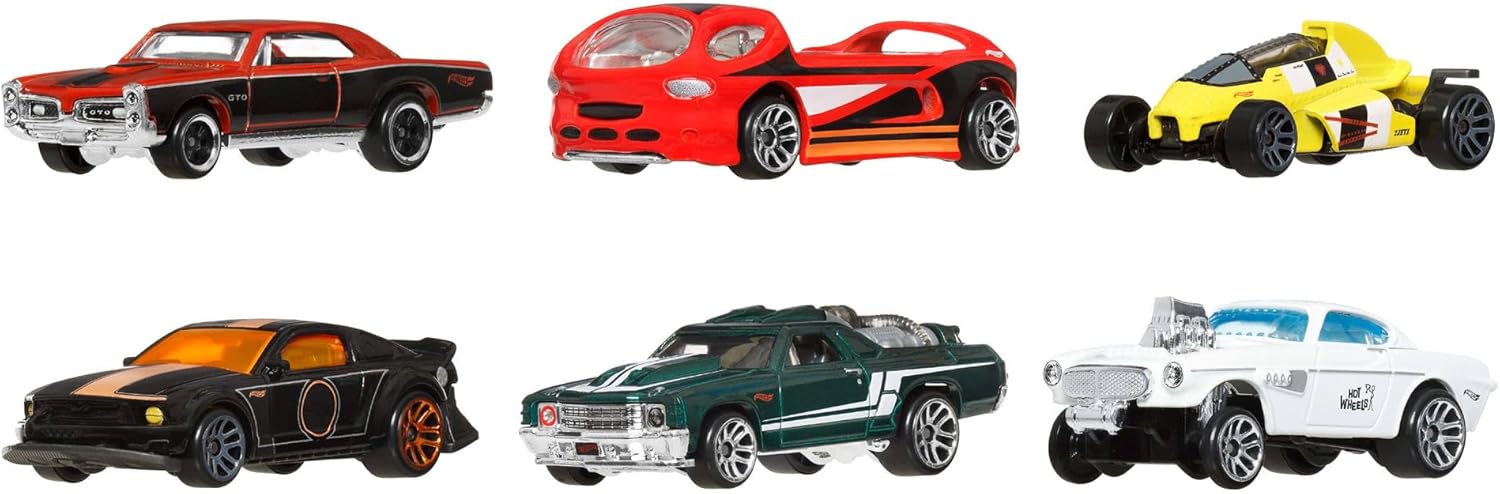 Hot Wheels 1:64 Scale Die-Cast Toy Cars & Trucks, Set of 6 HW Legends Vehicles with Elevated Deco (Styles May Vary), JBY78