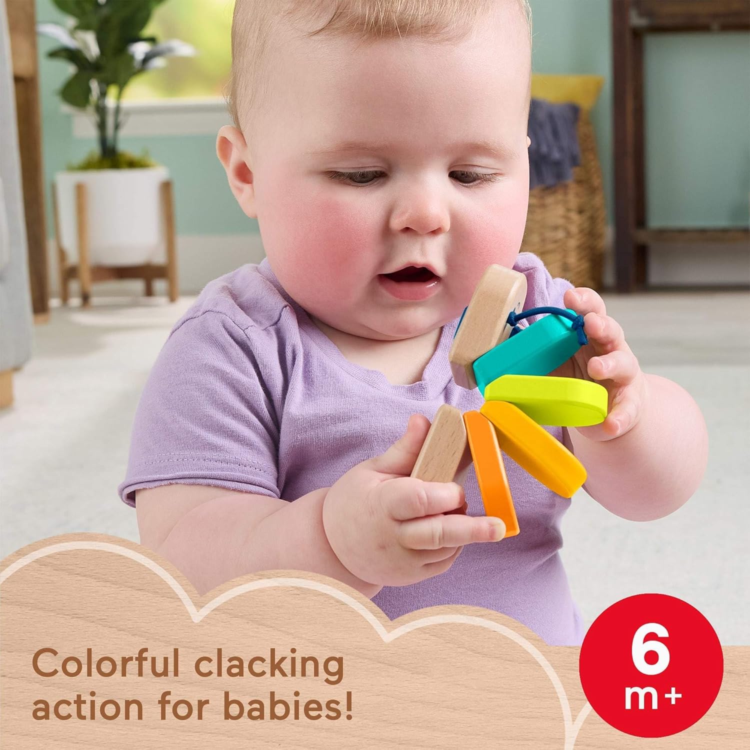 Fisher-Price Wood Baby Toy Clacker Caterpillar, Wooden Rattle Sensory Activity for Developmental Play Infants Ages 6+ Months