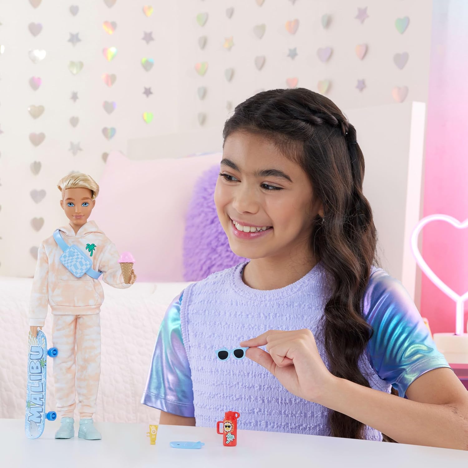 Barbie Dream Besties Doll and Accessories, Ken Posable Fashion Doll with Removable Fashions & Blonde Hair, 9 Summer & Skateboard Themed Pieces, JDD75