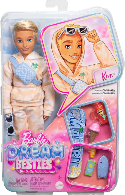 Barbie Dream Besties Doll and Accessories, Ken Posable Fashion Doll with Removable Fashions & Blonde Hair, 9 Summer & Skateboard Themed Pieces, JDD75