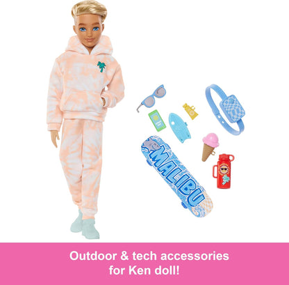 Barbie Dream Besties Doll and Accessories, Ken Posable Fashion Doll with Removable Fashions & Blonde Hair, 9 Summer & Skateboard Themed Pieces, JDD75